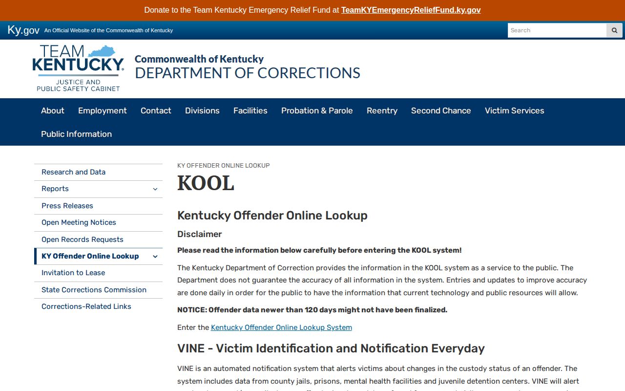 Kentucky DOC KOOL information and disclaimer page